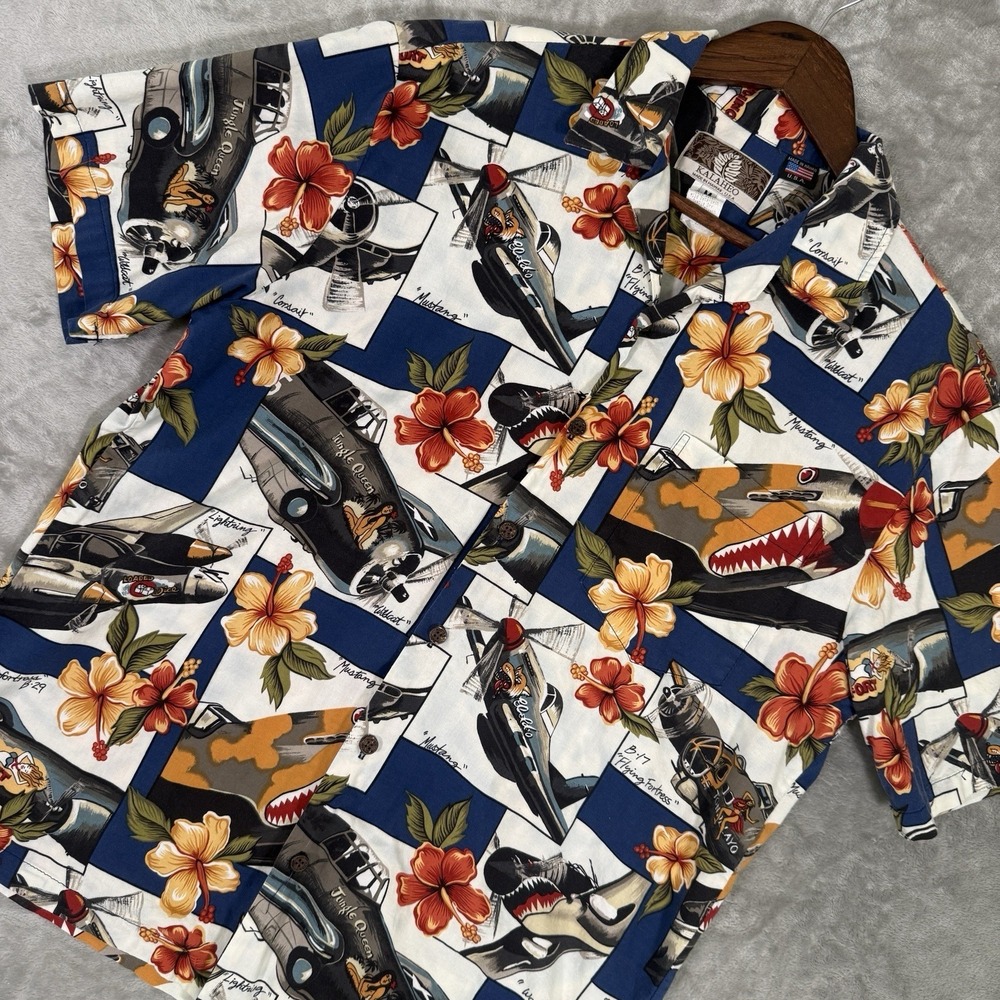 Kalaheo Hawaiian Shirt Mens M WWII Bomber Fighter Jets Planes Made In Hawaii